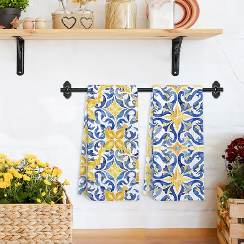 Chinoiserie Mediterranean Kitchen Towels Set of 2 - Blue & Yellow Sicilian Hand Towels