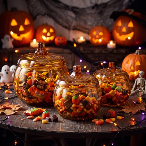 Set of 3 Amber Glass Pumpkin Jars with Lids for Fall & Halloween Decor