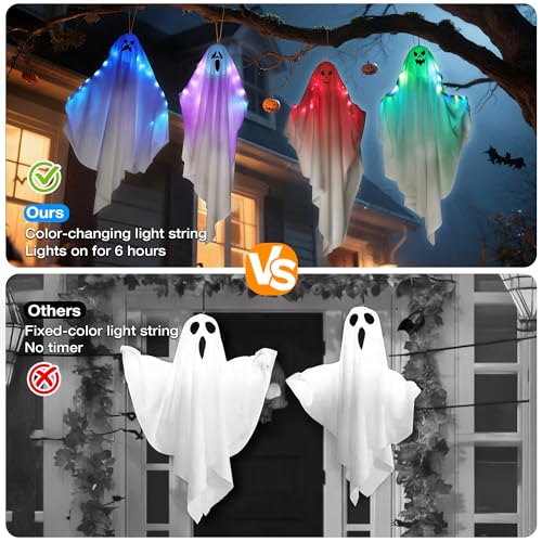 2 Pcs Halloween Hanging Ghost Decorations with Color-Changing Lights & Auto-Timer