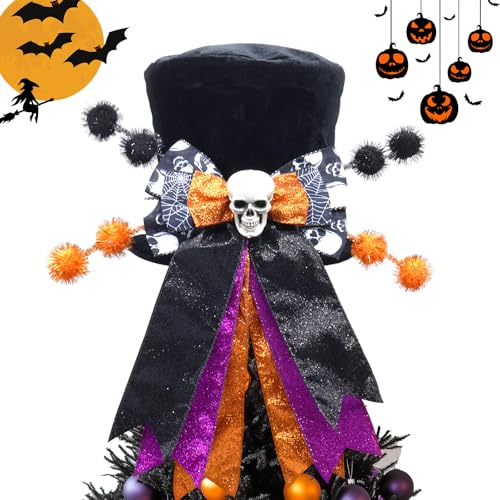 Halloween Tree Topper Hat with Wired Bow and Skull - Black Velvet Decor