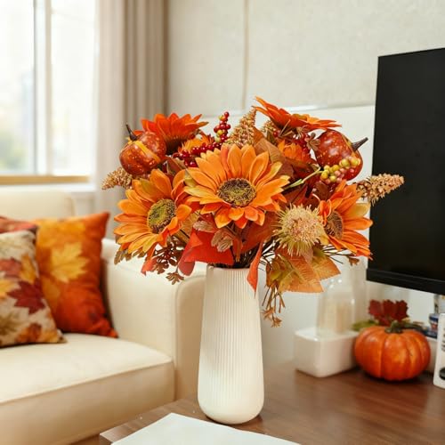 Artificial Fall Sunflower Bouquet with Pumpkin and Pinecones - 2 Pack, Outdoor & Indoor Decor
