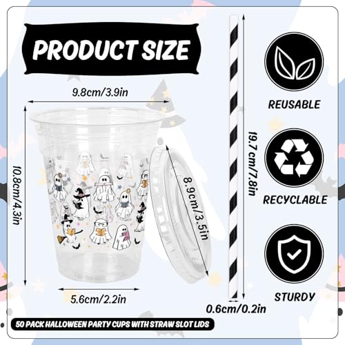Ghost Reading Halloween Disposable Plastic Cups with Lids & Straws - 50 Pcs