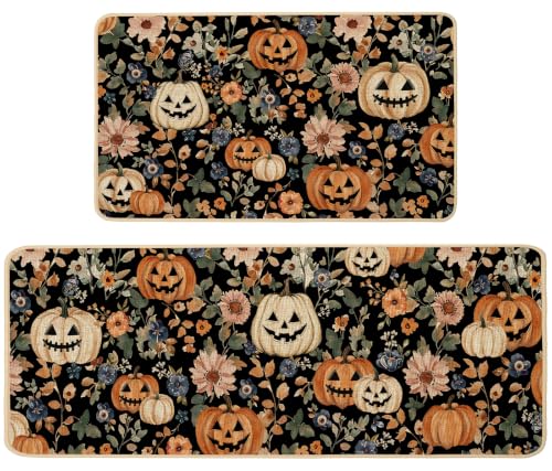 Halloween Kitchen Rugs Set of 2 - Spooky Burlap Mats for Fall Decor