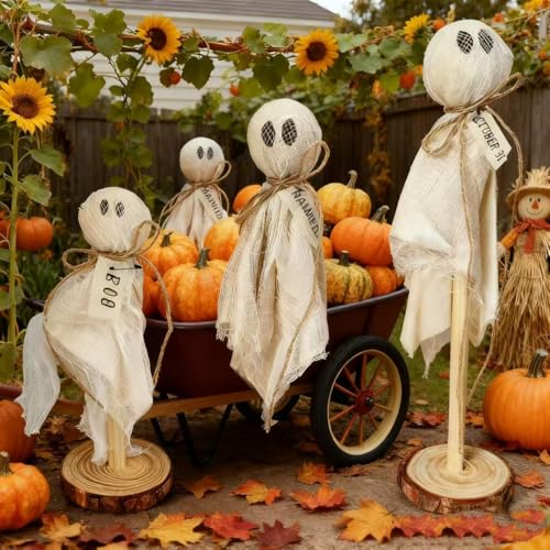 Ghost Halloween Decorations Set - Rustic Wooden Farmhouse Shelf Sitters with Fabric Ghost Figures - Indoor Outdoor Fall Decor - Variation: Ghost
