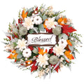 Idyllic 24-Inch Fall Wreath with Pumpkins Dahlias and Decorative Sign for Front Door