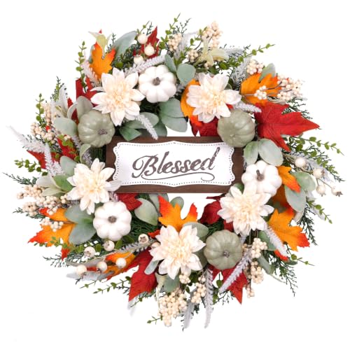 Idyllic 24-Inch Fall Wreath with Pumpkins Dahlias and Decorative Sign for Front Door