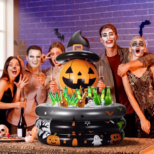 Bright Color Pumpkin with Witch Hat Inflatable Cooler for Halloween Party - Reusable Floating Ice Chest