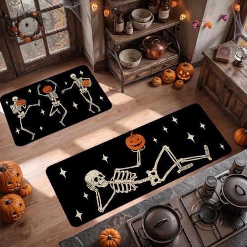 Halloween Skeleton Pumpkin Kitchen Mat Set of 2 Non Slip Washable Rug Decor