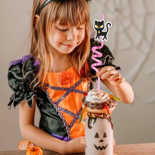 Halloween Reusable Drinking Straws Set - 24pcs Pumpkin Skull Ghost Vampire Designs