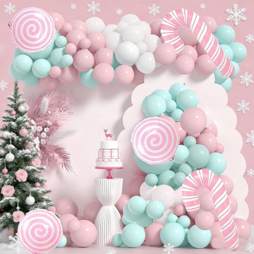 Pink Christmas Balloon Arch Kit 137pcs with Foil Candy Cane & Tree - Xms Pink Variation