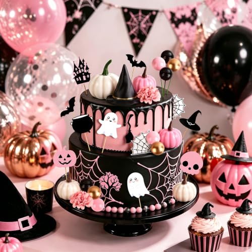 Pink Pumpkin Cake Topper Set - Halloween Cake Decorations with Hat, Flower & Bats - 30PCS - Pumpkin Variation