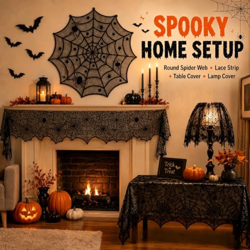 Halloween Indoor Decor Set with Spider Web Tablecloth, Bat Wall Stickers & Mantel Scarf