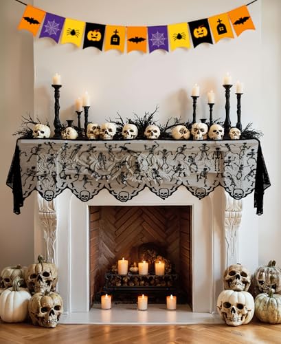 Halloween Skeleton Mantle Scarf - Black Lace Fireplace Cover with Embroidered Skull - 79 x 20 Inch - Skeleton Variation