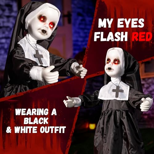 Scary Halloween Animatronic Nun Doll with Light-Up Red Eyes, Sound & Lunging Motion, Indoor & Outdoor Decor