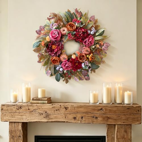24-Inch Fall Floral Front Door Wreath with Burgundy Roses & Pumpkins - Farmhouse Harvest Decor