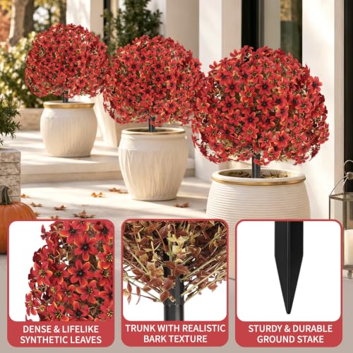 Artificial Fall Mum Topiary Ball Tree with Ground Spike - Dark Red, 14-Inch