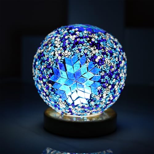 Boho Sky Blue Mosaic Glass Table Lamp with Wooden Base - Turkish Night Light, Moroccan Lantern, USB Power, Bedroom & Living Room Decor - Variation of Boho