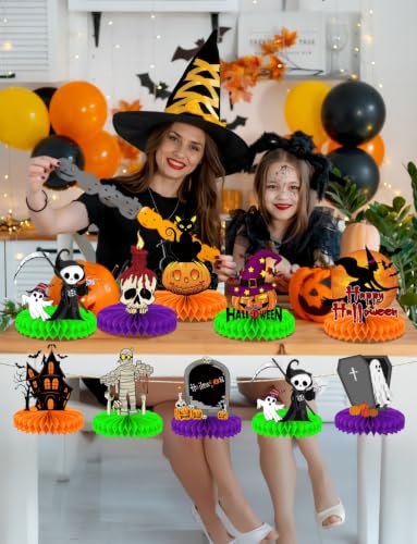 Halloween Honeycomb Table Decorations - 9 Pcs Spooky Centerpieces, Ghost, Pumpkin & More - Halloween