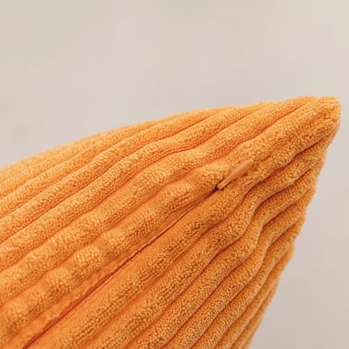 Set of 2 Orange 26x26 Inch Corduroy Throw Pillow Covers - Soft Striped Euro Shams for Sofa Couch Chair Decor