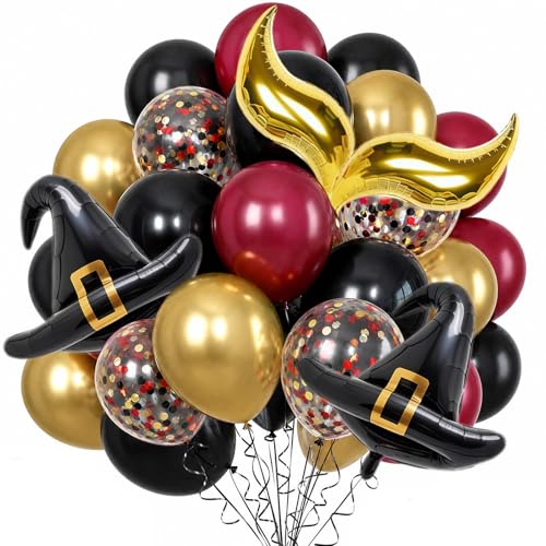 Wizard Balloon - 39Pcs Black Burgundy Gold Party Balloon Set with Confetti & Magic Hat