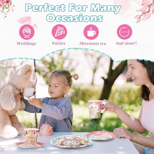 FillTouch Wonderland Paper Tea Cups and Saucers Set - 50 Pieces for Tea Party