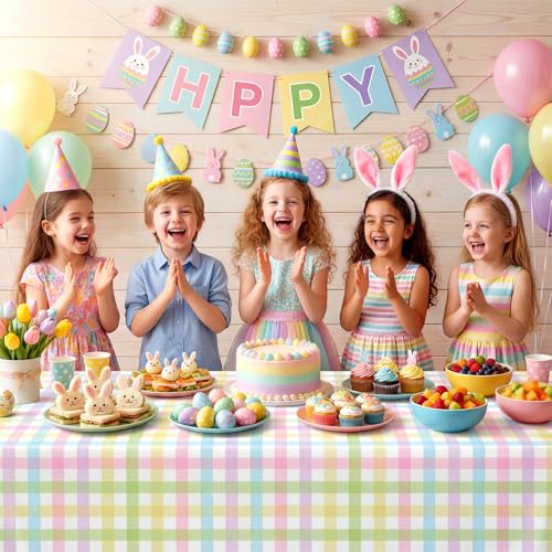 Easter Plaid Gradient Checkered Plastic Tablecloth Roll - 100ft x 54in, Party Decor