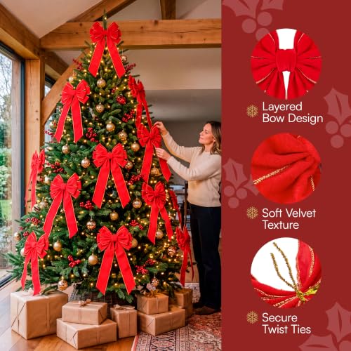 9-Pack Large Red Velvet Christmas Bows for Wreaths & Decorations - Indoor & Outdoor Holiday Decor Variation 9