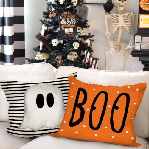 Multicolor Halloween Pillow Covers 18x18 Inch Set of 4 Ghost and Cat Decor