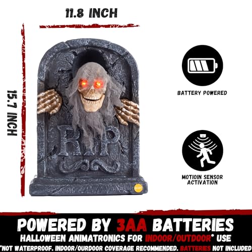 ELAMAS Halloween Animatronic Zombie Tombstone - 1 Pack, Sensor-Activated Skeleton Decor with Creepy Sound, Light Up Eyes, Outdoor Indoor Spooky Prop