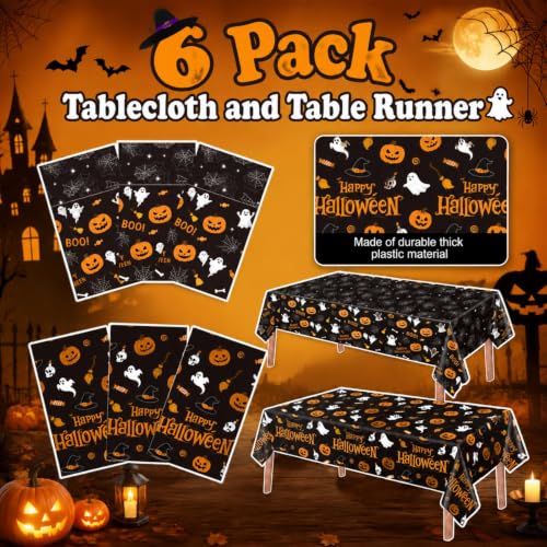 Halloween Tablecloth Set - 6 Disposable Plastic Table Covers with Pumpkin & Ghost Design - Black and Orange