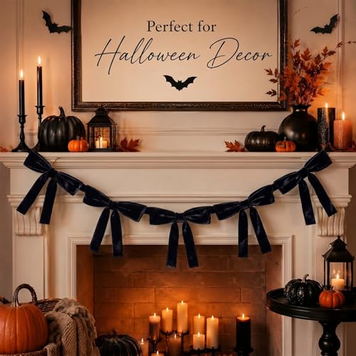 Black Velvet Garland with 5 Large Bows - 6 Ft Halloween Party Decor