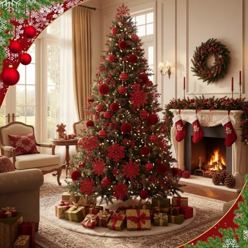 Christmas Velvet Ball and Snowflake Ornament Set - Burgundy Red, 36 Pcs