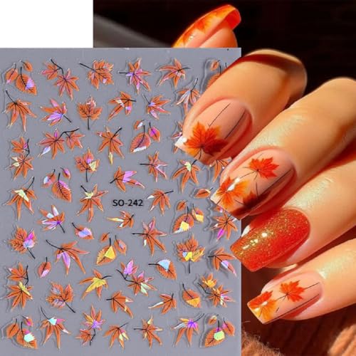 Halloween & Autumn Nail Art Stickers - Self-Adhesive Spider Web Pumpkin Ghost Leaves - 8 Sheets, Orange