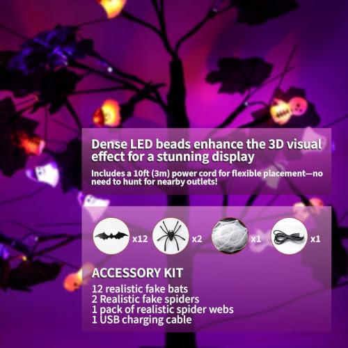 Halloween Indoor Tree with 24 Orange Purple LED Lights - Spooky Decor