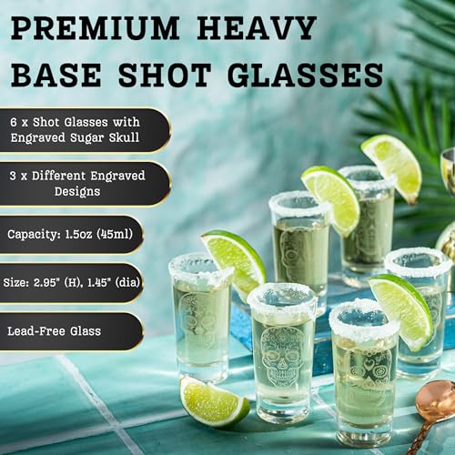 Skull Tequila Decanter Set with 6 Shot Glasses - Handmade Glass Barware Gift