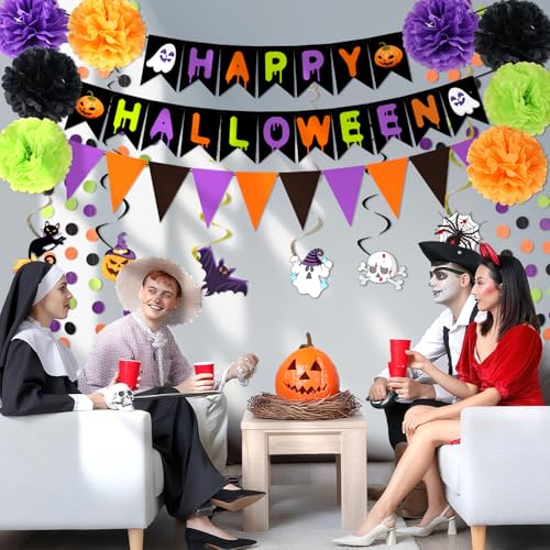 Halloween Party Decorations Set - Banner, Paper Pom Poms, Triangle Flags & Swirls - Halloween