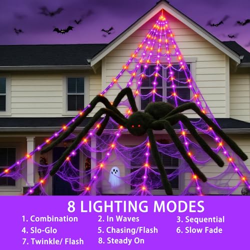 Halloween Spider Web Lights with 250 LEDs & Remote Control - Waterproof Cobweb Decor for Yard Garden Indoor Outdoor