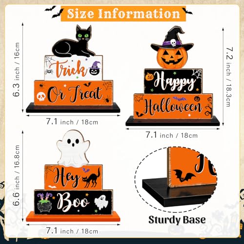 Halloween Wooden Table Signs Set - Ghost Pumpkin Bat Black Cat Decor - 3 Pieces