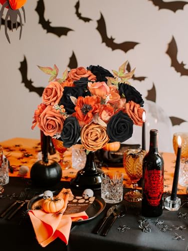 Artificial Flowers Orange Black Combo Set for Wedding Bridal Halloween Decor - 24 Pieces