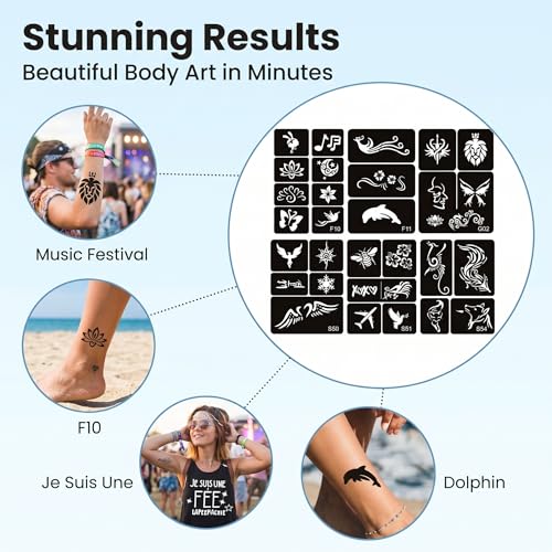 Temporary Tattoo Stencil Kit - 6 Sheets with 58 Fox Patterns, Reusable & Skin-Safe