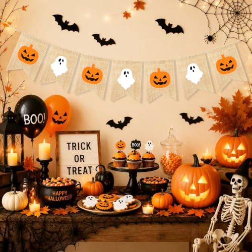 Halloween Pumpkin Ghost Banner Decorations for Mantle Fireplace Indoor Outdoor Festive Decor