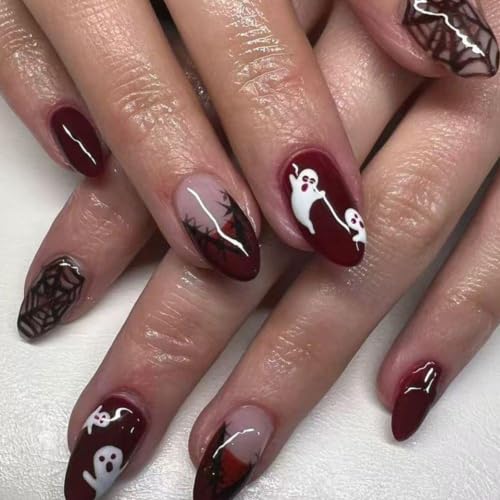 Halloween Press On Nails Medium Almond Burgundy Gradient Ghost Spider Web 30- - MJJNTTN