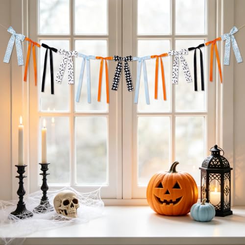 Halloween Bow Garland Banner - Orange Blue Ghost Bat Decor, 13 Bows, 6.88 ft