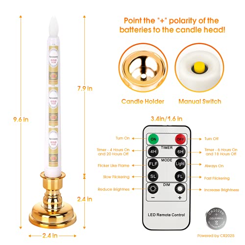 Daord 9 Pack Flameless Flickering LED Taper Candles with Remote & Timer - White + Gold Holders, Christmas Window Decor