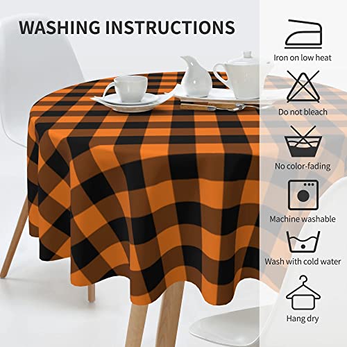 SuQKXCo Fall Orange Black Buffalo Plaid Tablecloth 60 Inch Round Polyester - Grid Pattern