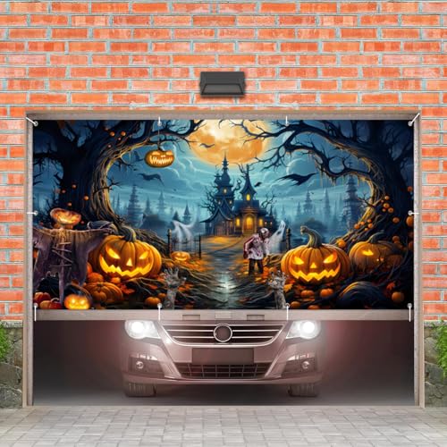 Orange 7x16 FT Halloween Garage Door Banner - Spooky Night Backdrop for Haunted House
