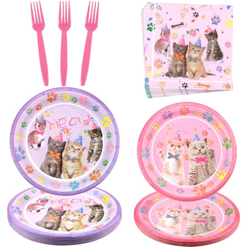 Cat Birthday Party Supplies Set for 25 Guests - Plates, Napkins, Forks & Backdrop