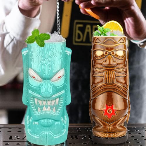 SuproBarware Tiki Mugs Set of 4 - Large Ceramic Hawaiian Party Drinkware