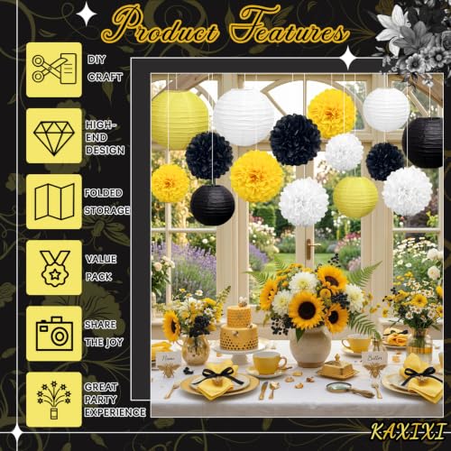 KAXIXI 15-Pack Black Yellow White Party Decorations Lanterns & Pom Poms - Variation Yellow Black White