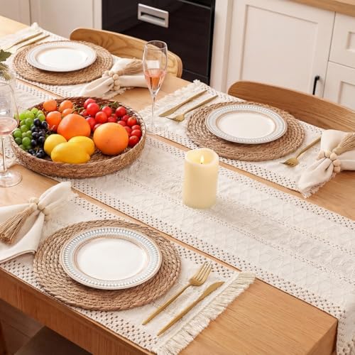 White Kitchen Decor Set with Round & Rectangular Woven Placements, Napkin Rings, Cloth Napkins, Table Runner & Storage Basket - 12x72'' Variation of THIS listing